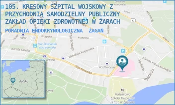 PORADNIA ENDOKRYNOLOGICZNA - 105. KRESOWY SZPITAL WOJSKOWY Z PRZYCHODNIĄ SAMODZIELNY PUBLICZNY ZAKŁAD OPIEKI ZDROWOTNEJ W ŻARACH - UL. ŻELAZNA 1A,  ŻAGAŃ
